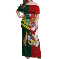 Custom Mate Ma'a Tonga and Australia Kangaroo Off Shoulder Maxi Dress Nation Seal with Mascot Aboriginal and Tongan Kupesi Ngatu Art LT03 Women Red - Polynesian Pride