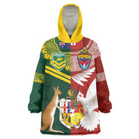 Custom Mate Ma'a Tonga and Australia Kangaroo Wearable Blanket Hoodie Nation Seal with Mascot Aboriginal and Tongan Kupesi Ngatu Art LT03 One Size Red - Polynesian Pride