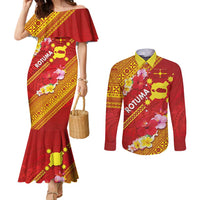 Rotuma Island Couples Matching Mermaid Dress and Long Sleeve Button Shirt Fijian Tapa with Polynesian Art and Hibiscus LT03 Red - Polynesian Pride