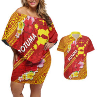 Rotuma Island Couples Matching Off Shoulder Short Dress and Hawaiian Shirt Fijian Tapa with Polynesian Art and Hibiscus LT03 Red - Polynesian Pride
