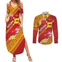 Rotuma Island Couples Matching Summer Maxi Dress and Long Sleeve Button Shirt Fijian Tapa with Polynesian Art and Hibiscus LT03 Red - Polynesian Pride