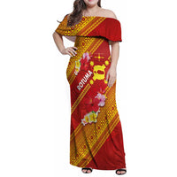 Rotuma Island Family Matching Off Shoulder Maxi Dress and Hawaiian Shirt Fijian Tapa with Polynesian Art and Hibiscus LT03 Mom's Dress Red - Polynesian Pride