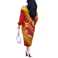 Rotuma Island Off The Shoulder Long Sleeve Dress Fijian Tapa with Polynesian Art and Hibiscus LT03 - Polynesian Pride