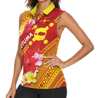Rotuma Island Women Sleeveless Polo Shirt Fijian Tapa with Polynesian Art and Hibiscus LT03 - Polynesian Pride