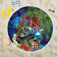 Fiji Iguana-Coat of Arms Beach Blanket with Hibiscus and Plumeria Palm Tree Tapa Art LT03 One Size 150cm Blue - Polynesian Pride