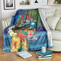 Fiji Iguana-Coat of Arms Blanket with Hibiscus and Plumeria Palm Tree Tapa Art LT03 Blue - Polynesian Pride