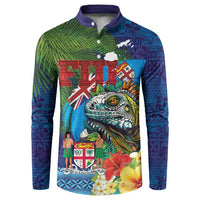 Fiji Iguana-Coat of Arms Button Sweatshirt with Hibiscus and Plumeria Palm Tree Tapa Art LT03 Blue - Polynesian Pride