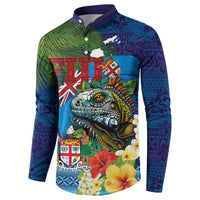 Fiji Iguana-Coat of Arms Button Sweatshirt with Hibiscus and Plumeria Palm Tree Tapa Art LT03 - Polynesian Pride