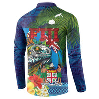 Fiji Iguana-Coat of Arms Button Sweatshirt with Hibiscus and Plumeria Palm Tree Tapa Art LT03 - Polynesian Pride