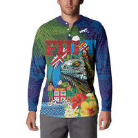 Fiji Iguana-Coat of Arms Button Sweatshirt with Hibiscus and Plumeria Palm Tree Tapa Art LT03 - Polynesian Pride