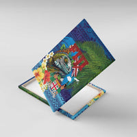 Fiji Iguana-Coat of Arms Canvas Wall Art with Hibiscus and Plumeria Palm Tree Tapa Art LT03 With Frame Blue - Polynesian Pride