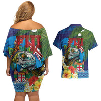 Fiji Iguana-Coat of Arms Couples Matching Off Shoulder Short Dress and Hawaiian Shirt with Hibiscus and Plumeria Palm Tree Tapa Art LT03 - Polynesian Pride