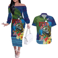 Fiji Iguana-Coat of Arms Couples Matching Off The Shoulder Long Sleeve Dress and Hawaiian Shirt with Hibiscus and Plumeria Palm Tree Tapa Art LT03 Blue - Polynesian Pride