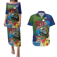 Fiji Iguana-Coat of Arms Couples Matching Puletasi and Hawaiian Shirt with Hibiscus and Plumeria Palm Tree Tapa Art LT03 Blue - Polynesian Pride