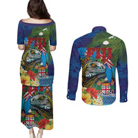 Fiji Iguana-Coat of Arms Couples Matching Puletasi and Long Sleeve Button Shirt with Hibiscus and Plumeria Palm Tree Tapa Art LT03 - Polynesian Pride