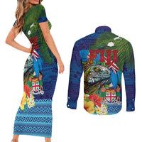 Fiji Iguana-Coat of Arms Couples Matching Short Sleeve Bodycon Dress and Long Sleeve Button Shirt with Hibiscus and Plumeria Palm Tree Tapa Art LT03 - Polynesian Pride
