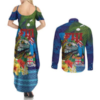 Fiji Iguana-Coat of Arms Couples Matching Summer Maxi Dress and Long Sleeve Button Shirt with Hibiscus and Plumeria Palm Tree Tapa Art LT03 - Polynesian Pride