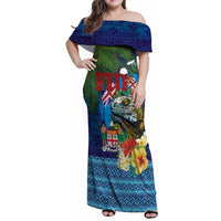 Fiji Iguana-Coat of Arms Family Matching Off Shoulder Maxi Dress and Hawaiian Shirt with Hibiscus and Plumeria Palm Tree Tapa Art LT03 Mom's Dress Blue - Polynesian Pride