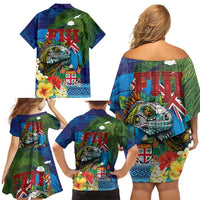 Fiji Iguana-Coat of Arms Family Matching Off Shoulder Short Dress and Hawaiian Shirt with Hibiscus and Plumeria Palm Tree Tapa Art LT03 - Polynesian Pride