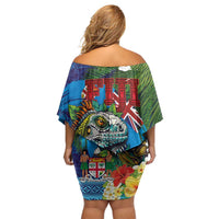 Fiji Iguana-Coat of Arms Family Matching Off Shoulder Short Dress and Hawaiian Shirt with Hibiscus and Plumeria Palm Tree Tapa Art LT03 - Polynesian Pride