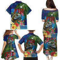 Fiji Iguana-Coat of Arms Family Matching Puletasi and Hawaiian Shirt with Hibiscus and Plumeria Palm Tree Tapa Art LT03 - Polynesian Pride