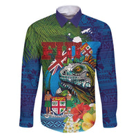 Fiji Iguana-Coat of Arms Family Matching Puletasi and Hawaiian Shirt with Hibiscus and Plumeria Palm Tree Tapa Art LT03 Dad's Shirt - Long Sleeve Blue - Polynesian Pride