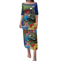 Fiji Iguana-Coat of Arms Family Matching Puletasi and Hawaiian Shirt with Hibiscus and Plumeria Palm Tree Tapa Art LT03 Mom's Dress Blue - Polynesian Pride