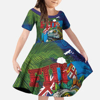 Fiji Iguana-Coat of Arms Family Matching Summer Maxi Dress and Hawaiian Shirt with Hibiscus and Plumeria Palm Tree Tapa Art LT03 Daughter's Dress Blue - Polynesian Pride