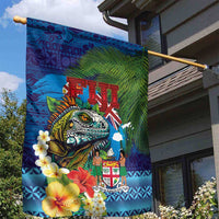 Fiji Iguana-Coat of Arms Garden Flag with Hibiscus and Plumeria Palm Tree Tapa Art LT03 - Polynesian Pride