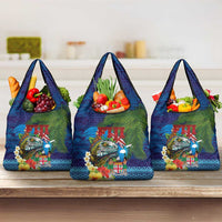Fiji Iguana-Coat of Arms Grocery Bag with Hibiscus and Plumeria Palm Tree Tapa Art LT03 3-pack One Size Blue - Polynesian Pride