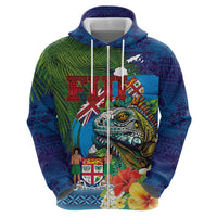 Fiji Iguana-Coat of Arms Hoodie with Hibiscus and Plumeria Palm Tree Tapa Art LT03 - Polynesian Pride