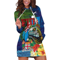 Fiji Iguana-Coat of Arms Hoodie Dress with Hibiscus and Plumeria Palm Tree Tapa Art LT03 Blue - Polynesian Pride