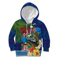 Fiji Iguana-Coat of Arms Kid Hoodie with Hibiscus and Plumeria Palm Tree Tapa Art LT03 Hoodie Blue - Polynesian Pride