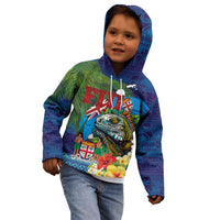 Fiji Iguana-Coat of Arms Kid Hoodie with Hibiscus and Plumeria Palm Tree Tapa Art LT03 - Polynesian Pride