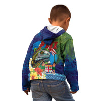 Fiji Iguana-Coat of Arms Kid Hoodie with Hibiscus and Plumeria Palm Tree Tapa Art LT03 - Polynesian Pride