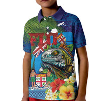 Fiji Iguana-Coat of Arms Kid Polo Shirt with Hibiscus and Plumeria Palm Tree Tapa Art LT03 Kid Blue - Polynesian Pride