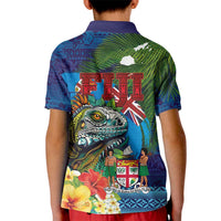 Fiji Iguana-Coat of Arms Kid Polo Shirt with Hibiscus and Plumeria Palm Tree Tapa Art LT03 - Polynesian Pride