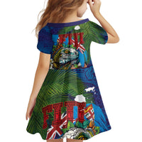 Fiji Iguana-Coat of Arms Kid Short Sleeve Dress with Hibiscus and Plumeria Palm Tree Tapa Art LT03 - Polynesian Pride
