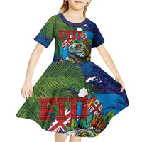 Fiji Iguana-Coat of Arms Kid Short Sleeve Dress with Hibiscus and Plumeria Palm Tree Tapa Art LT03 - Polynesian Pride