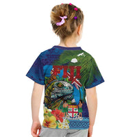 Fiji Iguana-Coat of Arms Kid T Shirt with Hibiscus and Plumeria Palm Tree Tapa Art LT03 - Polynesian Pride