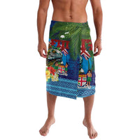 Fiji Iguana-Coat of Arms Lavalava with Hibiscus and Plumeria Palm Tree Tapa Art LT03 Blue - Polynesian Pride