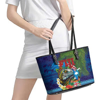 Fiji Iguana-Coat of Arms Leather Tote Bag with Hibiscus and Plumeria Palm Tree Tapa Art LT03 - Polynesian Pride