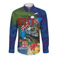 Fiji Iguana-Coat of Arms Long Sleeve Button Shirt with Hibiscus and Plumeria Palm Tree Tapa Art LT03 Unisex Blue - Polynesian Pride