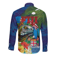 Fiji Iguana-Coat of Arms Long Sleeve Button Shirt with Hibiscus and Plumeria Palm Tree Tapa Art LT03 - Polynesian Pride