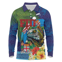 Fiji Iguana-Coat of Arms Long Sleeve Polo Shirt with Hibiscus and Plumeria Palm Tree Tapa Art LT03 Blue - Polynesian Pride
