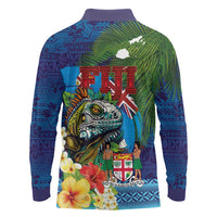 Fiji Iguana-Coat of Arms Long Sleeve Polo Shirt with Hibiscus and Plumeria Palm Tree Tapa Art LT03 - Polynesian Pride