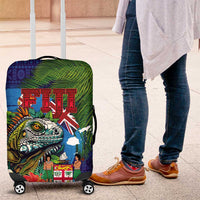 Fiji Iguana-Coat of Arms Luggage Cover with Hibiscus and Plumeria Palm Tree Tapa Art LT03 Blue - Polynesian Pride