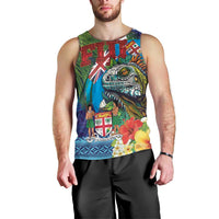 Fiji Iguana-Coat of Arms Men Tank Top with Hibiscus and Plumeria Palm Tree Tapa Art LT03 - Polynesian Pride