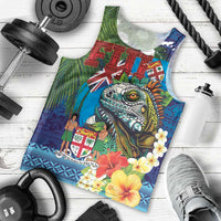 Fiji Iguana-Coat of Arms Men Tank Top with Hibiscus and Plumeria Palm Tree Tapa Art LT03 - Polynesian Pride