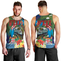 Fiji Iguana-Coat of Arms Men Tank Top with Hibiscus and Plumeria Palm Tree Tapa Art LT03 - Polynesian Pride